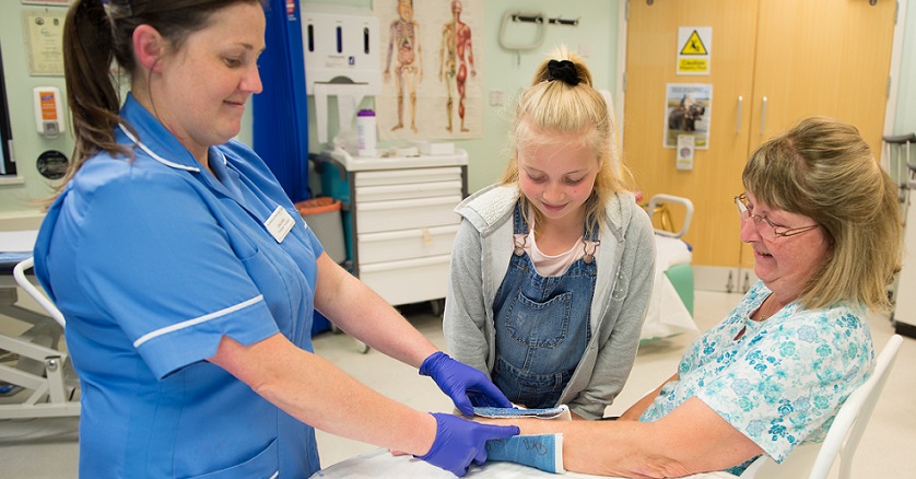 Patient getting their arm cast removed with nurse and young daughter watching