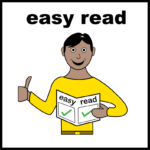 A cartoon of someone reading and easy read booklet