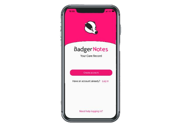 An image of an iPhone with the BadgerNotes platform log in page displaying on the screen