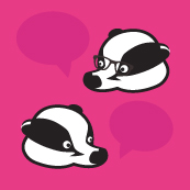 Two BadgerNet logos positioned facing each other with speech bubbles next to them