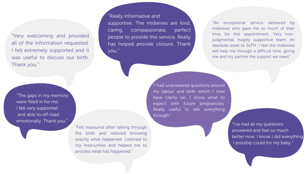 A graphic filled with different coloured speech bubble images containing service user feedback