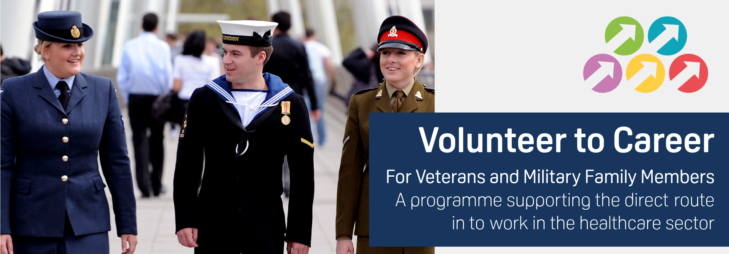 Veterans Volunteer to Career Website Banner-01 Banner including the wording 'Volunteer to Career for Veterans and Milutary Family Members - A programme supporting the direct route in to work in the healthcare sector