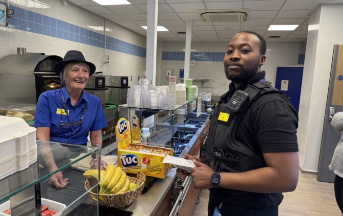 Mo Robson serves AJ, a security officer at the PRH