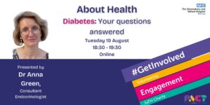 Advert for About Health - Diabetes, your questions answered, showing a photo of Dr Anna Green and details of the online event on Tuesday 19 August 2025