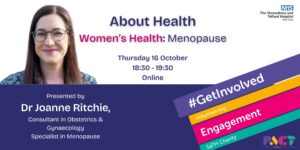 Advert for About Health - Menopause, showing a photo of Dr Joanne Ritchie and details of the online event on Thursday 16 October 2025