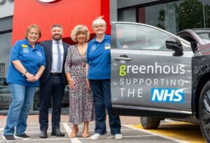 Mark Ridgway Dealer Principal at Greenhous Shrewsbury-site-presenting-the-vehicle-to-Julia-Clarke-volunteer-drivers-Catherine-Slaytor-and-Jenny-Booth